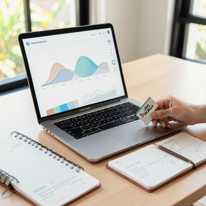 Meja kerja profesional yang sangat terorganisir dengan laptop menampilkan dashboard pelacakan progres karir, menunjukkan sistematisasi dan kontrol dalam mencari pekerjaan.