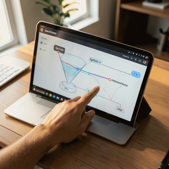 Ilustrasi tangan yang melacak progres lamaran kerja pada dashboard digital yang terorganisir, menunjukkan tahapan dari pengajuan hingga penawaran.