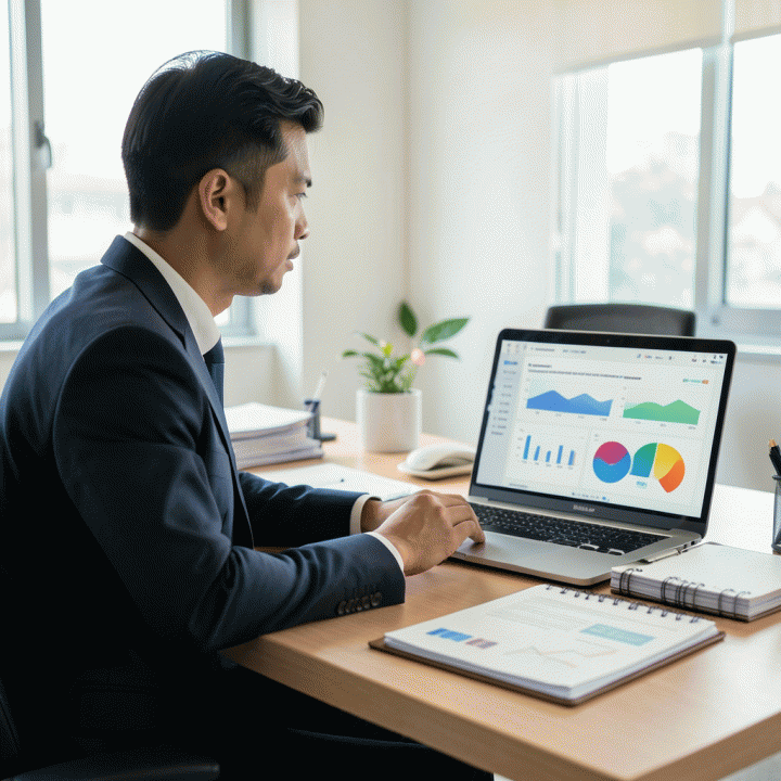 Seorang profesional muda Indonesia yang sedang bekerja di meja yang rapi, menggunakan laptop dengan dashboard manajemen prospek kerja yang terorganisir, melambangkan pelacakan lamaran kerja yang sistematis.