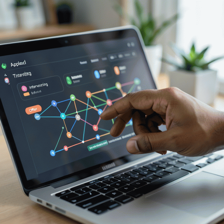 Tangan profesional sedang melihat dashboard digital yang menunjukkan progres pelacakan lamaran kerja yang terstruktur dan terorganisir.