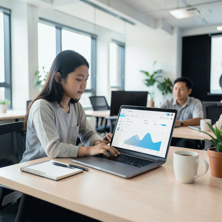 Seorang profesional muda Indonesia yang fokus di depan laptop dengan dashboard manajemen proyek yang terstruktur di co-working space, melambangkan pengelolaan lamaran kerja yang rapi.