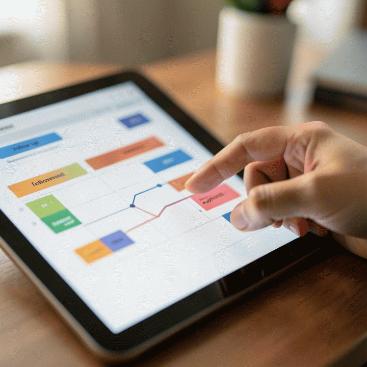 Tangan yang sedang menelusuri antarmuka tablet yang menampilkan papan Kanban berwarna-warni, melambangkan pelacakan lamaran kerja secara visual dan terstruktur.
