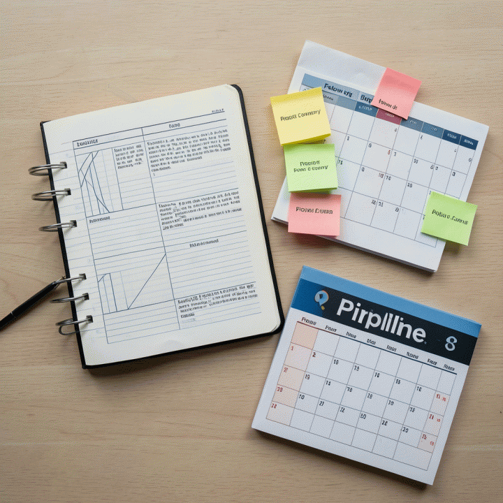 Tampilan datar (flat lay) dari meja kerja yang terorganisir, menampilkan alat-alat perencanaan karir seperti buku catatan, sticky notes, dan papan visualisasi prospek.