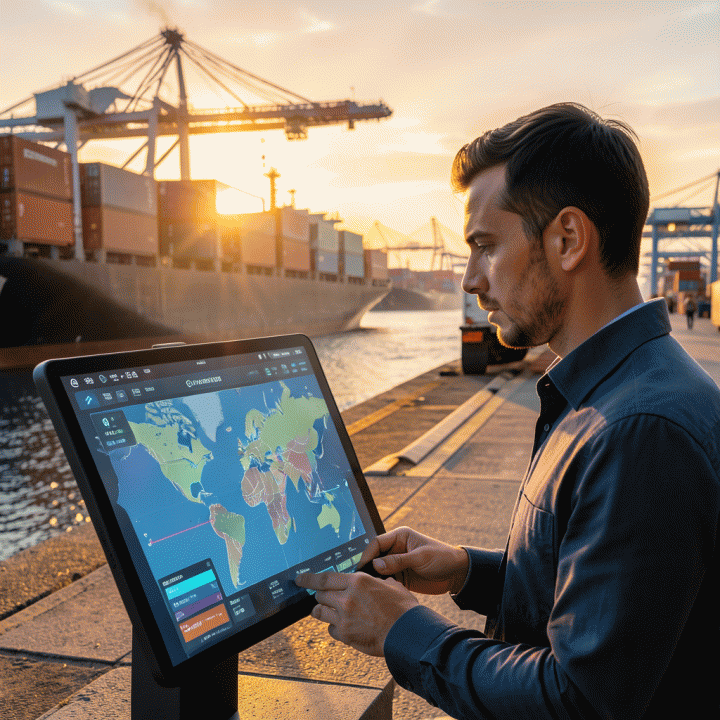 Logistik manajer sedang memantau pergerakan kargo container di pelabuhan internasional menggunakan layar digital canggih saat matahari terbit.