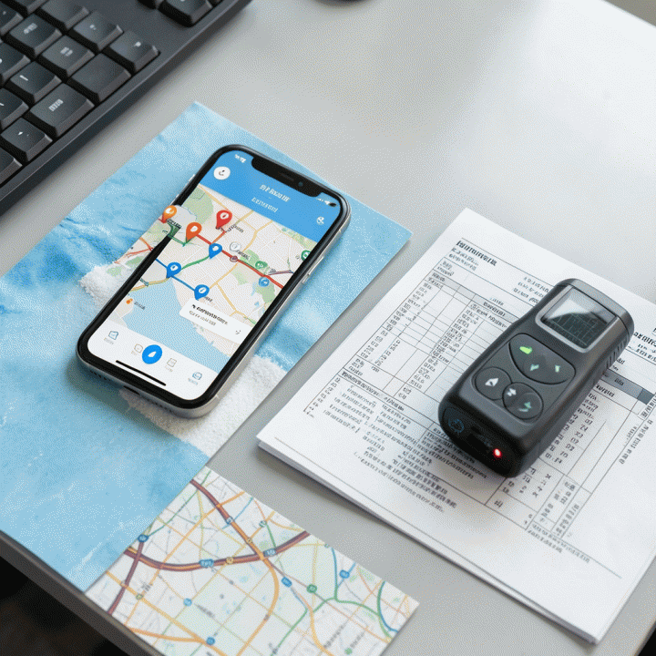 Berbagai alat pelacakan logistik diletakkan di atas meja kerja: smartphone dengan peta pelacakan, manifes pengiriman, dan scanner GPS.