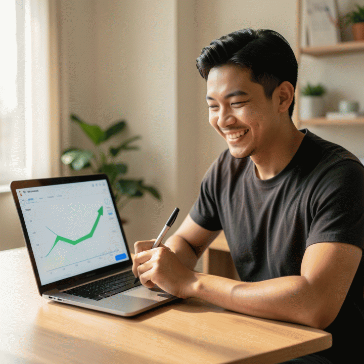 Seorang pria muda Indonesia yang terlihat lega dan bersemangat duduk di meja kayu bersih, memantau dashboard keuangan di laptopnya yang menunjukkan grafik utang yang menurun dan stabilitas finansial, melambangkan kebebasan dari utang.