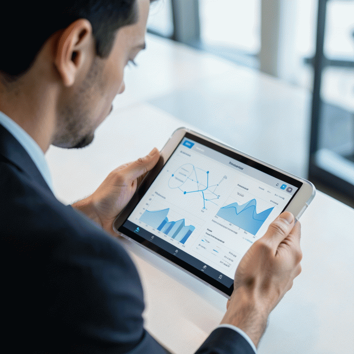Profesional sedang menganalisis dashboard digital yang menampilkan metrik dan diagram abstrak, menunjukkan evaluasi perkembangan dan strategi.