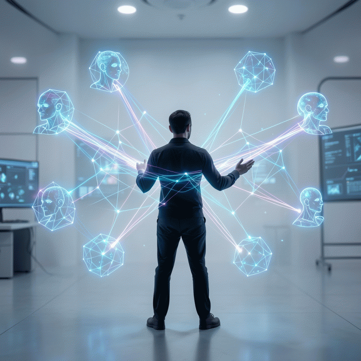 Representasi visual AI persona yang terstruktur dan dikelola, menunjukkan proses pengembangan dan pemanfaatan identitas AI dalam pekerjaan.