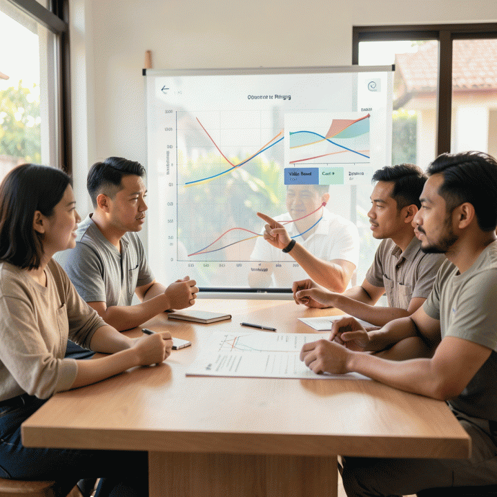 Kelompok pemilik UMKM Indonesia berdiskusi serius tentang grafik penetapan harga optimal yang ditampilkan di layar transparan, menunjukkan strategi keuangan yang lebih baik.