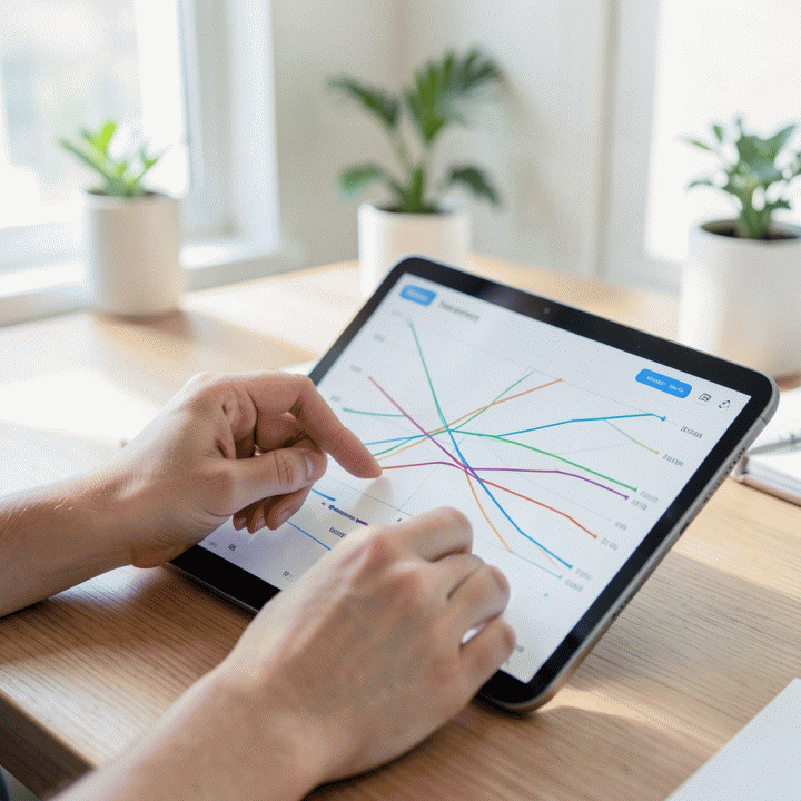 Tangan seorang pemilik bisnis sedang menyesuaikan dashboard keuangan di tablet untuk membandingkan model penetapan harga secara akurat.
