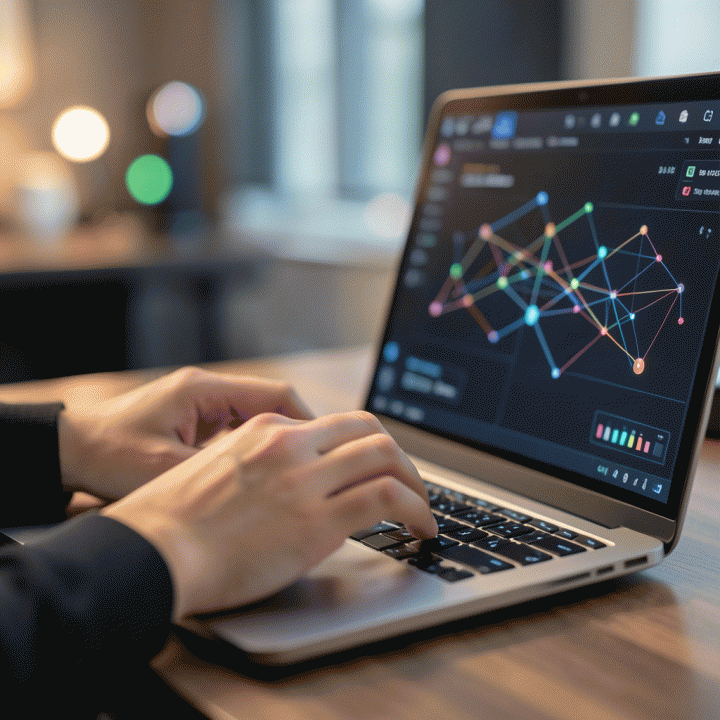 Tangan founder yang fokus menggunakan laptop dengan antarmuka AI abstrak, melambangkan proses pengembangan ide bisnis menggunakan teknologi canggih.