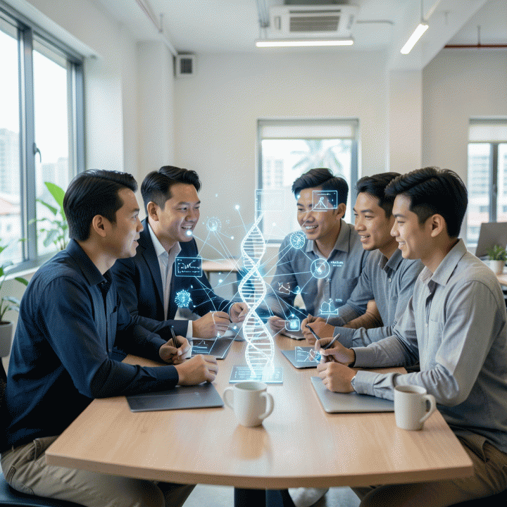 Tim founder startup muda Indonesia yang berkolaborasi di ruang kerja modern, menatap layar holografik yang menampilkan visualisasi data deep tech yang kompleks, melambangkan inovasi dan ide bisnis masa depan.