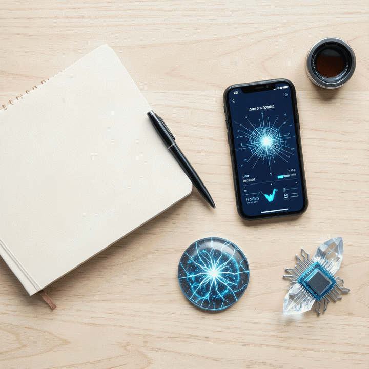 Komposisi flat lay yang menampilkan alat-alat founder seperti buku catatan, pena, dan smartphone dengan visualisasi data AI, melambangkan perencanaan dan riset bisnis mendalam.