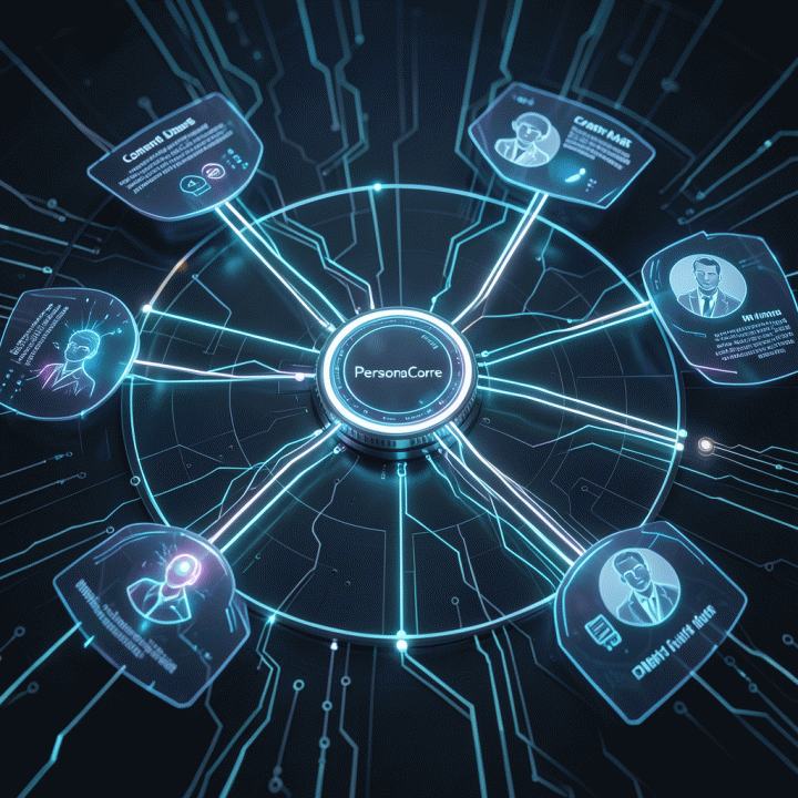 Visualisasi abstrak alur kerja AI yang menghubungkan data persona ke ide konten dan strategi, menunjukkan proses kreatif yang terstruktur.