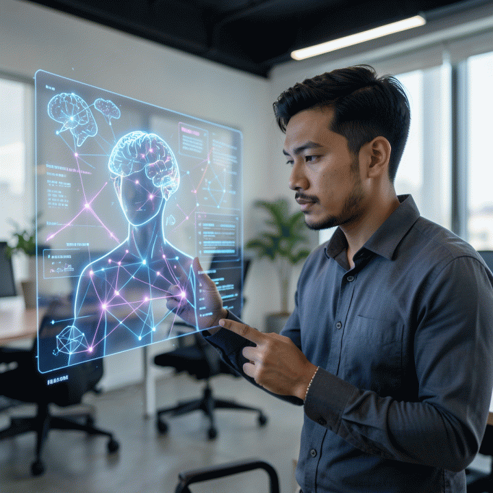Seorang profesional Indonesia menggunakan antarmuka holografik futuristik untuk menyusun dan menganalisis persona digital yang kompleks, melambangkan perencanaan konten dan branding berbasis AI.