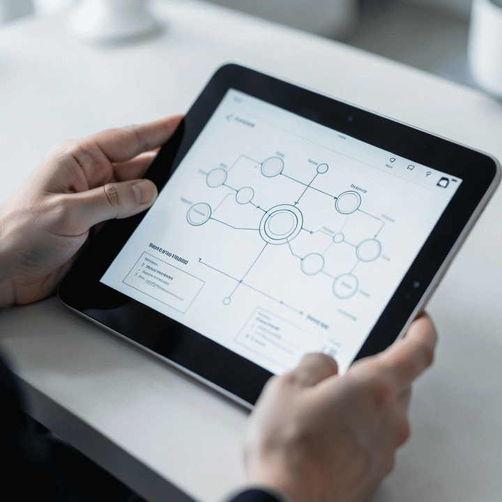 Tangan profesional sedang menyusun kerangka persona digital terstruktur pada tablet, menyoroti proses perencanaan karakter atau klien.
