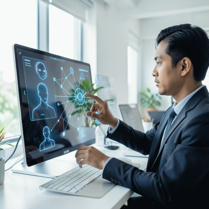 Seorang profesional muda Indonesia berinteraksi dengan antarmuka hologram futuristik yang menampilkan pengembangan persona profesional yang terstruktur, melambangkan penggunaan AI untuk personal branding.