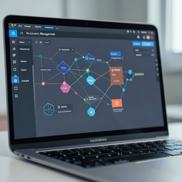 Tampilan layar laptop yang menunjukkan antarmuka pengguna (UI) AI yang abstrak untuk menyusun dan mengelola berbagai persona profesional secara terstruktur.