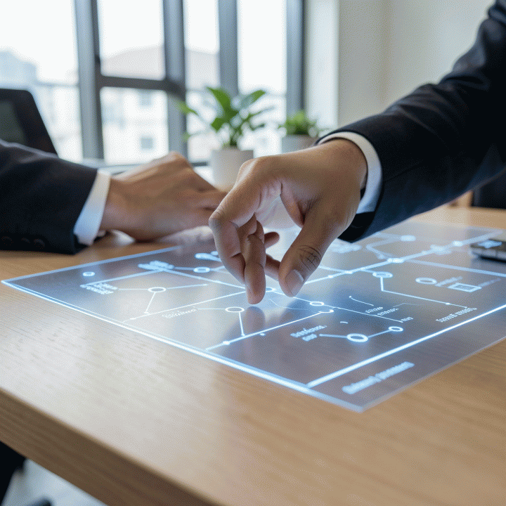 Tangan profesional di atas cetak biru digital yang menunjukkan transformasi ide menjadi strategi konten yang terstruktur, didukung oleh AI.