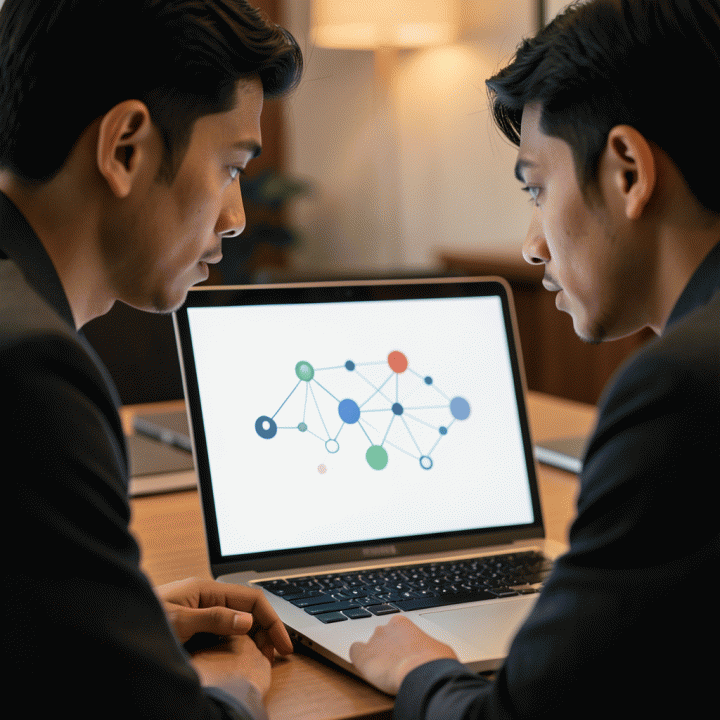 Potret close-up seorang pengusaha muda Indonesia yang merencanakan identitas diri (persona) di laptop dengan bantuan visualisasi abstrak AI.