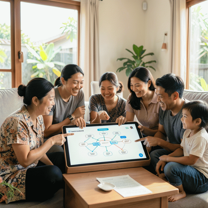 Keluarga Indonesia tiga generasi berinteraksi dengan tablet yang menampilkan pohon silsilah digital yang rapi.