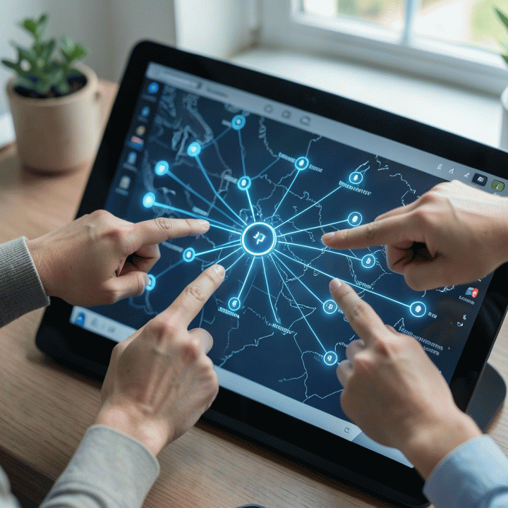 Tangan-tangan menunjuk ke node-node yang bercahaya pada peta silsilah digital yang rumit, menunjukkan struktur dan akurasi data.