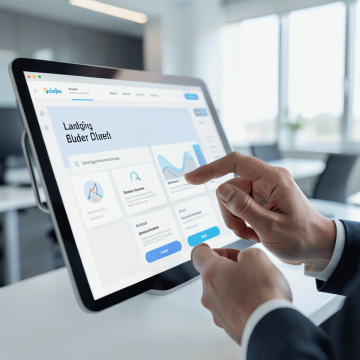 Tangan profesional menggunakan antarmuka builder landing page digital yang modern dan intuitif, menunjukkan kemudahan pembuatan sales page.