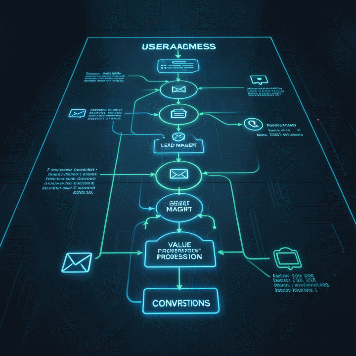 Diagram konseptual alur pengguna digital (user journey) yang terstruktur, menunjukkan perjalanan dari kesadaran hingga konversi.
