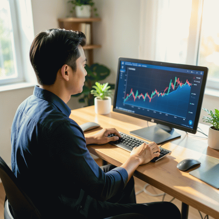 Seorang pemuda Indonesia yang termotivasi belajar investasi saham di meja modern dengan latar belakang grafik keuangan abstrak.