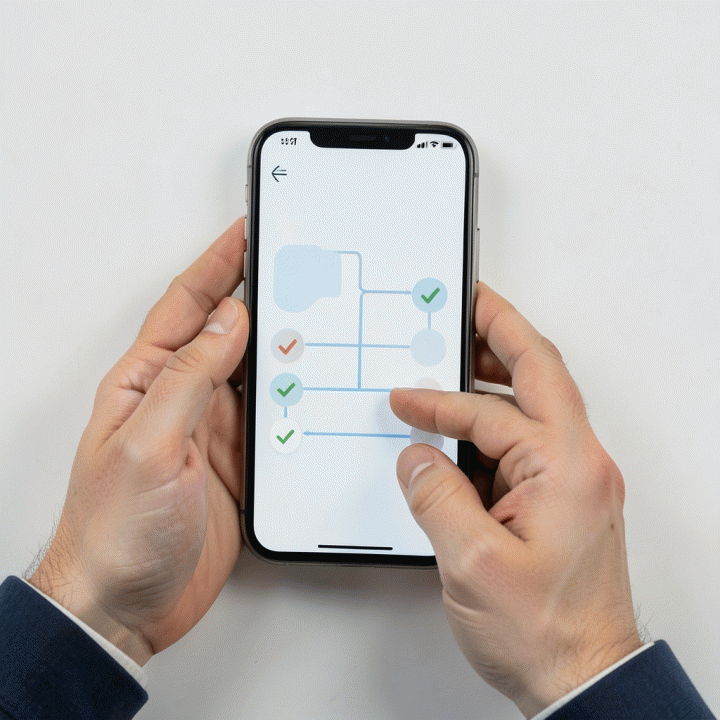 Tangan pengguna yang melakukan proses pembukaan akun sekuritas di smartphone dengan antarmuka abstrak dan profesional.