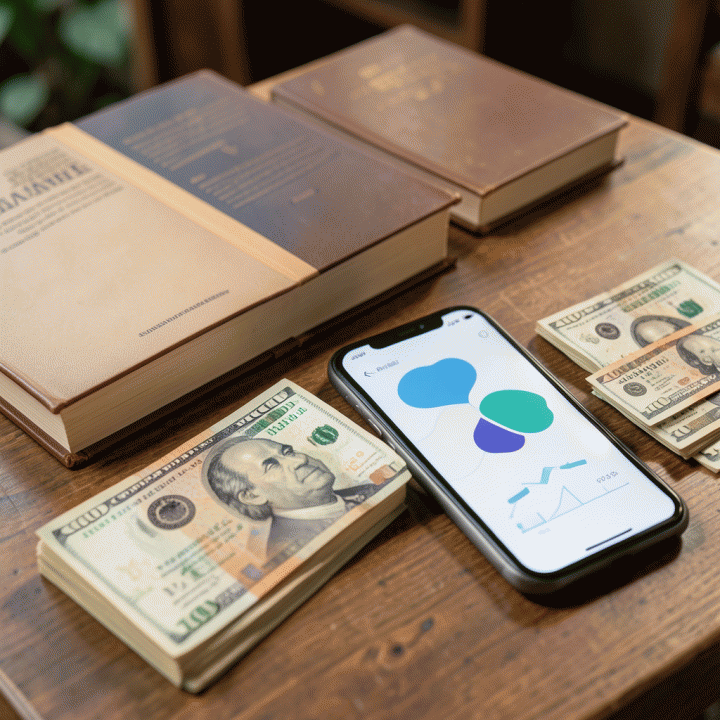 Perlengkapan belajar investasi: buku keuangan dan uang tunai di samping smartphone yang menampilkan grafik abstrak.