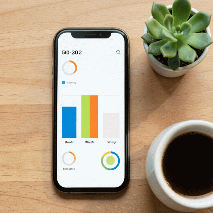 Tampilan dashboard keuangan virtual di ponsel yang menunjukkan pembagian anggaran 50-30-20 dengan grafik sederhana dan warna cerah, ditemani tanaman hias.
