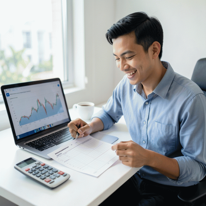 Seorang profesional muda Indonesia tersenyum sambil meninjau perencana anggaran bulanan di meja kerja yang rapi, dengan laptop, kalkulator, dan secangkir kopi.