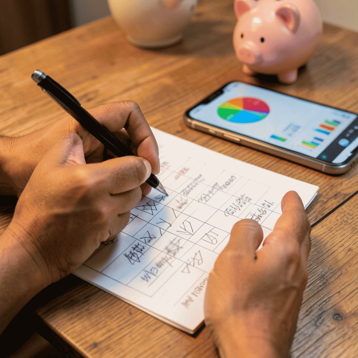 Tangan seseorang sedang mengisi template anggaran di kertas dengan pulpen, ditemani smartphone menampilkan grafik keuangan abstrak dan celengan di meja kayu.