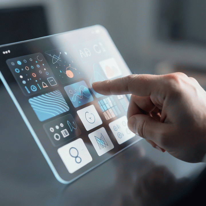 Tangan berinteraksi dengan antarmuka AI holografik yang menampilkan beragam aset visual digital siap pakai, menekankan kemudahan dan kualitas produksi.