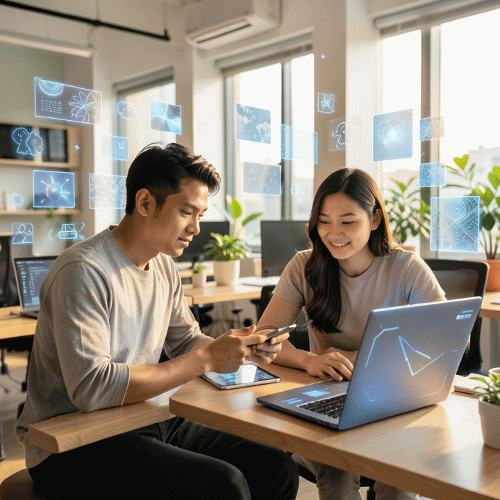 Seorang content creator Indonesia yang bekerja di co-working space modern, dikelilingi oleh aset visual digital holografik yang dihasilkan oleh antarmuka AI, menunjukkan proses kreatif yang efisien.