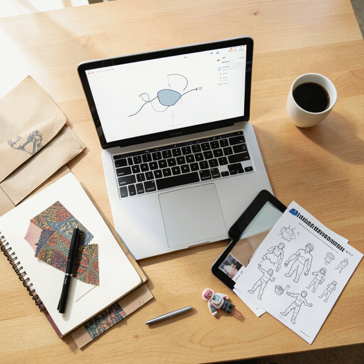 Tampilan atas (flat lay) meja kerja seorang digital seller, menampilkan laptop dan tablet yang digunakan untuk menghasilkan serta mengelola berbagai aset visual digital yang siap dijual.
