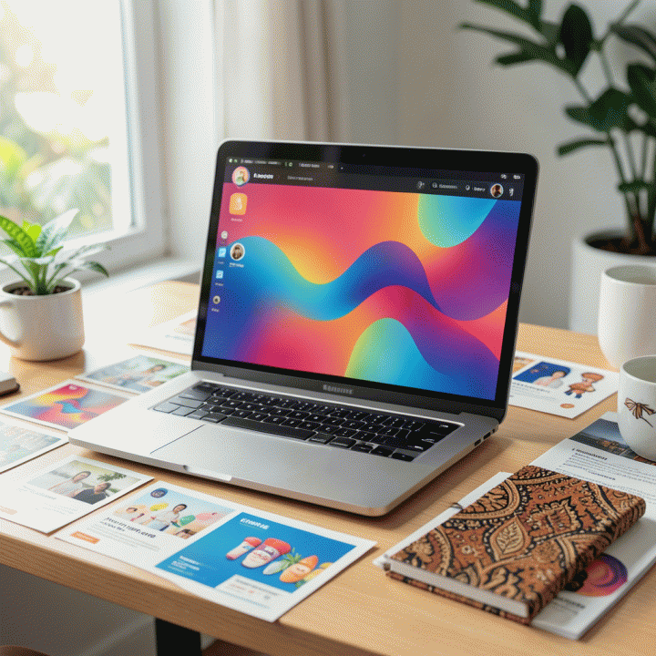 Meja kerja content creator dengan laptop menampilkan antarmuka desain abstrak, dikelilingi contoh aset visual profesional seperti template media sosial dan banner produk, dengan sentuhan estetika Indonesia melalui buku catatan bermotif batik.