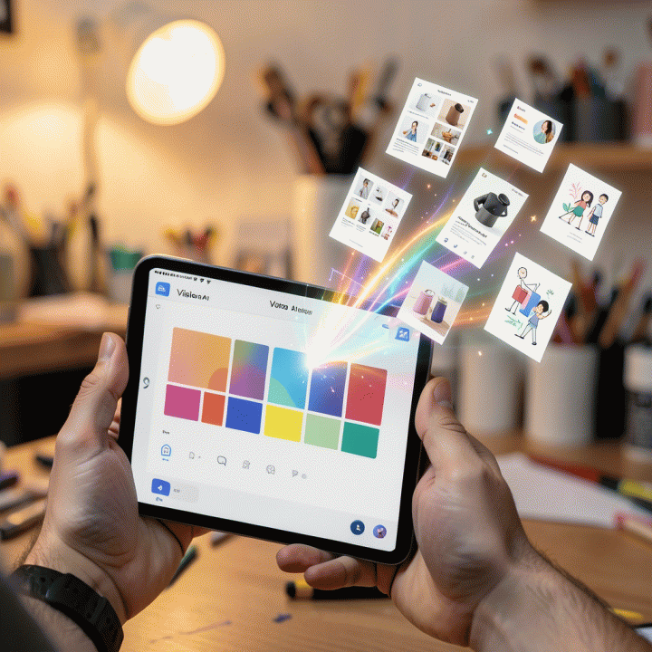 Tangan kreator konten memegang tablet dengan antarmuka aplikasi Visiora yang abstrak, dari tablet keluar aliran aset visual bercahaya seperti template media sosial, mockup produk, dan ilustrasi.