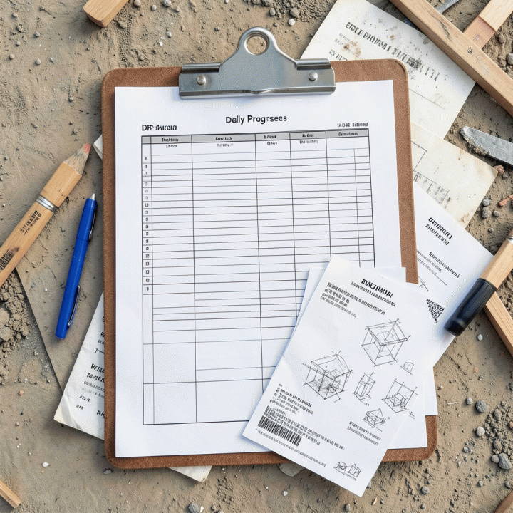 Tampilan atas (overhead) clipboard dengan Daily Progress Report (DPR) yang terorganisir rapi di lokasi konstruksi.