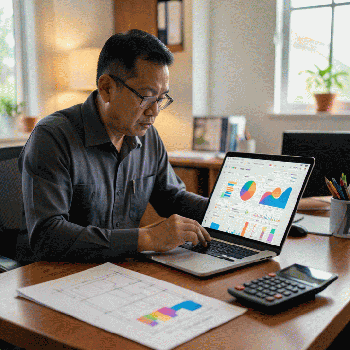 Kontraktor sedang meninjau estimasi biaya di laptop dengan tampilan abstrak grafik dan spreadsheet.