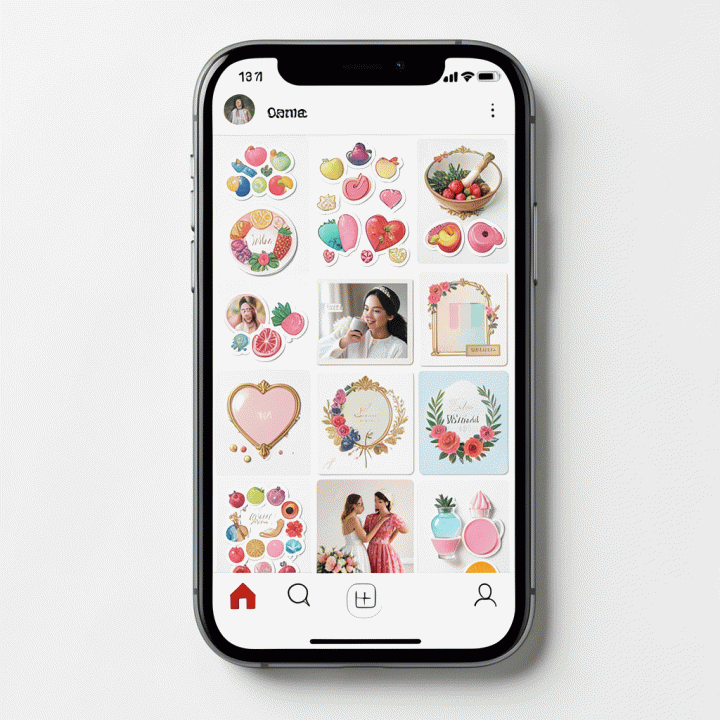 Tampilan feed Instagram yang estetik dengan aset stiker digital yang tertata rapi.