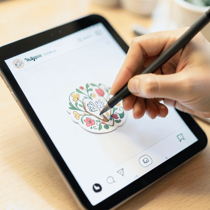 Proses menambahkan stiker digital ke bingkai Instagram Story.