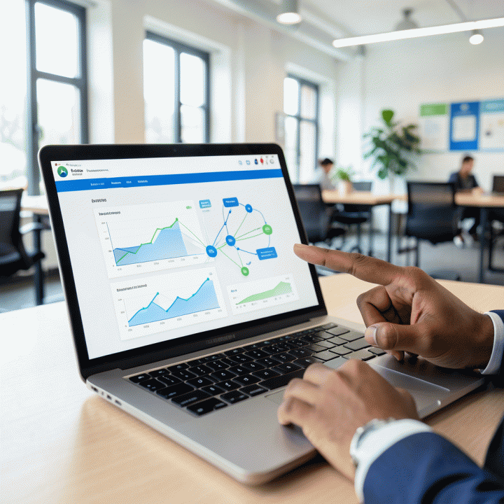 Tangan profesional menunjuk ke layar laptop yang menampilkan dashboard perencanaan halaman bisnis digital yang modern dan terstruktur.