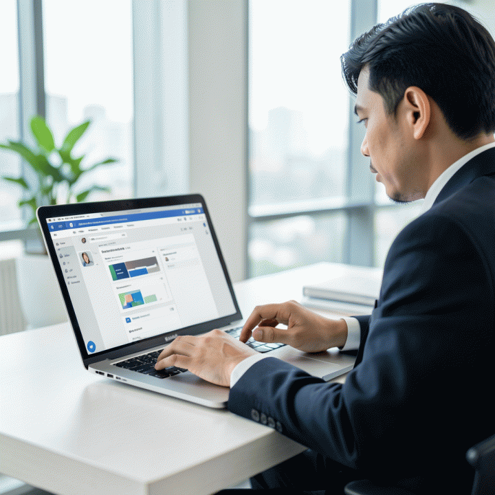 Seseorang sedang belajar cara membuat dan mengoptimalkan halaman bisnis Facebook di laptop dengan suasana kerja yang profesional.