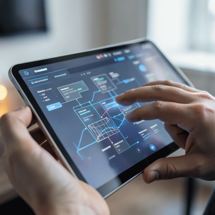 Tangan seseorang yang sedang menggunakan tablet untuk merancang alur kerja landing page secara cepat dan efisien dengan bantuan AI.
