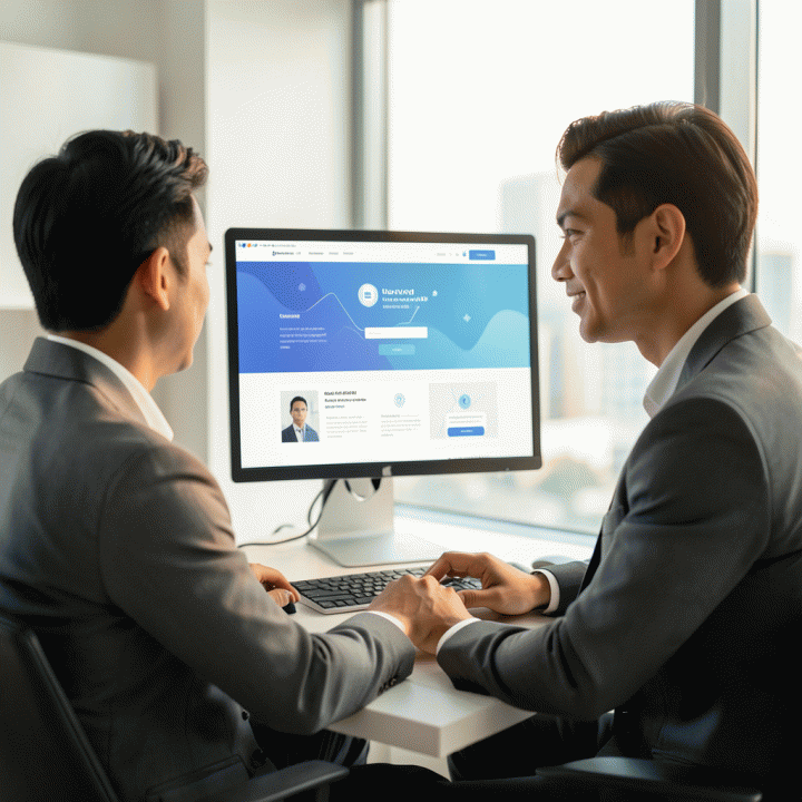 Seorang pemilik bisnis profesional di Indonesia sedang menggunakan alat AI di laptopnya untuk membuat landing page konversi tinggi di lingkungan kerja yang modern dan efisien.