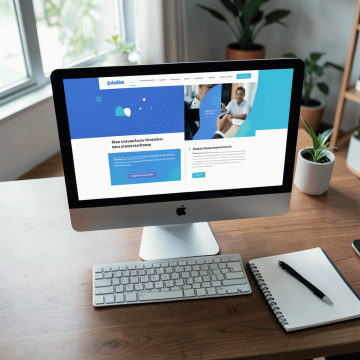 Tampilan meja kerja modern dengan layar yang menampilkan desain landing page yang profesional dan siap konversi.