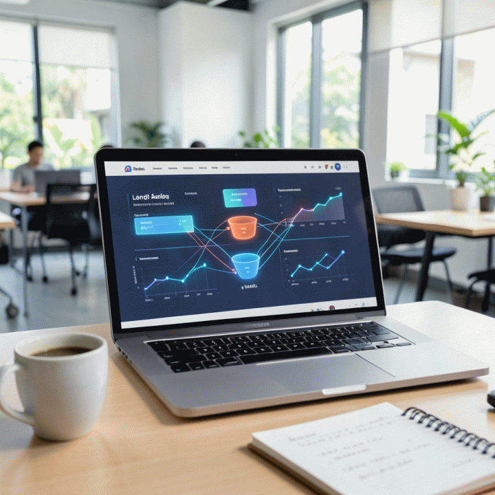 Visualisasi digital yang profesional dan modern tentang proses pembuatan landing page konversi tinggi menggunakan AI pada layar laptop di co-working space.