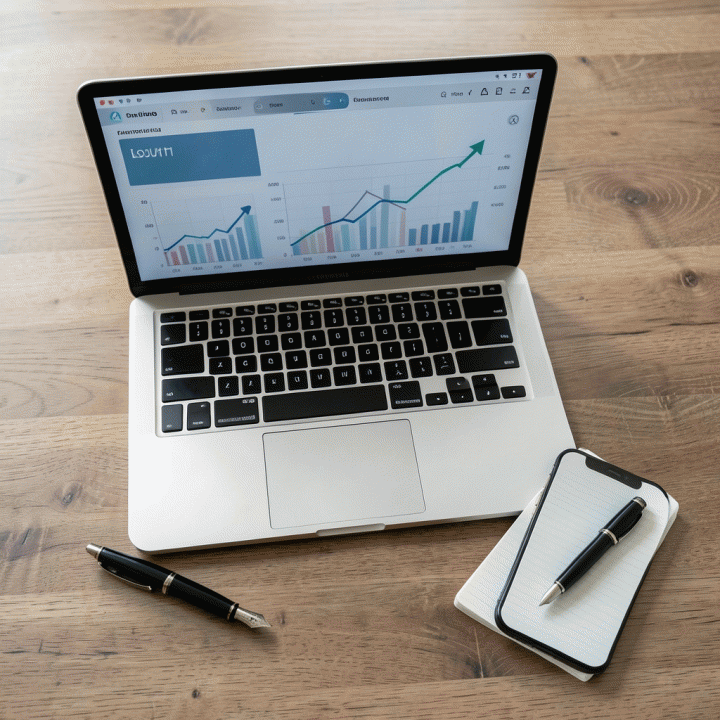 Komposisi flat lay alat digital marketing profesional seperti laptop, smartphone, dan buku catatan, menekankan efisiensi dan pertumbuhan bisnis.